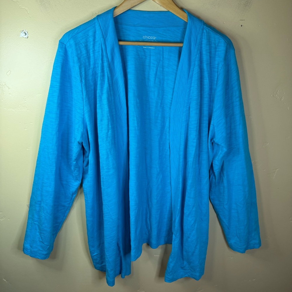 Chico's Womens Open Front XL Turquoise Blue Cotton Cardigan Office Career Wear‎
